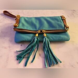 Italian Teal Leather Clutch with Tassels